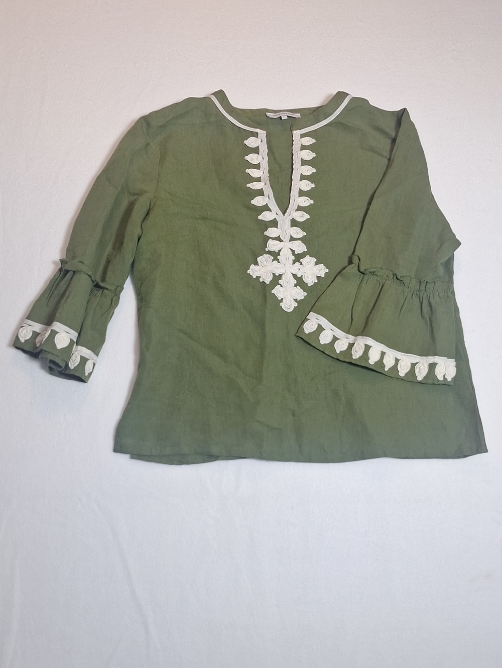 ROSE AND ROSE Sage Green White Soutache Embroidered 100% Linen Boho Top - Picture 3 of 9